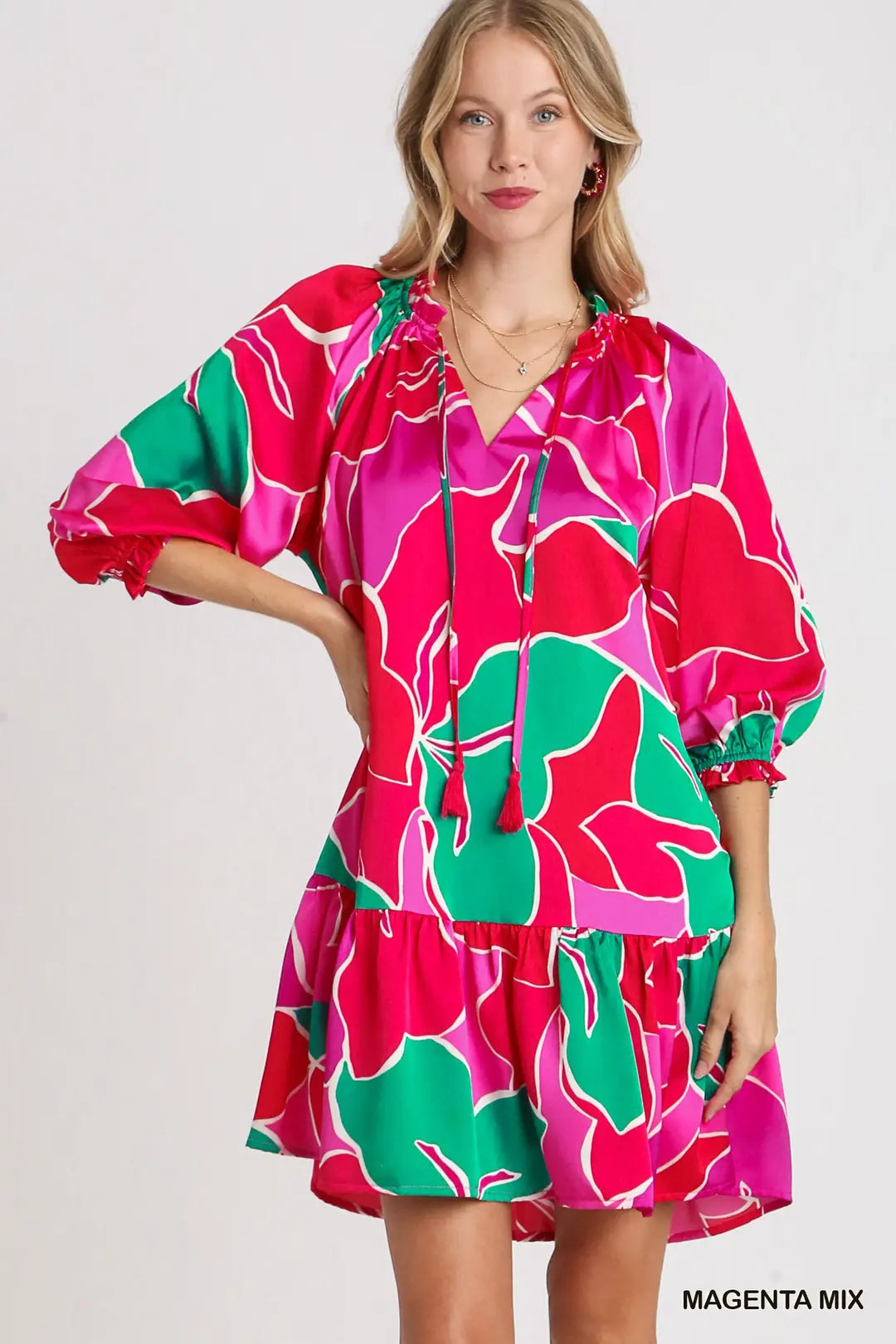 Abstract Print Ruffle Neck Dress