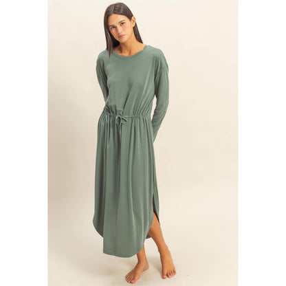 Drawstring Waist Long Sleeve Midi Dress: DEEP POND