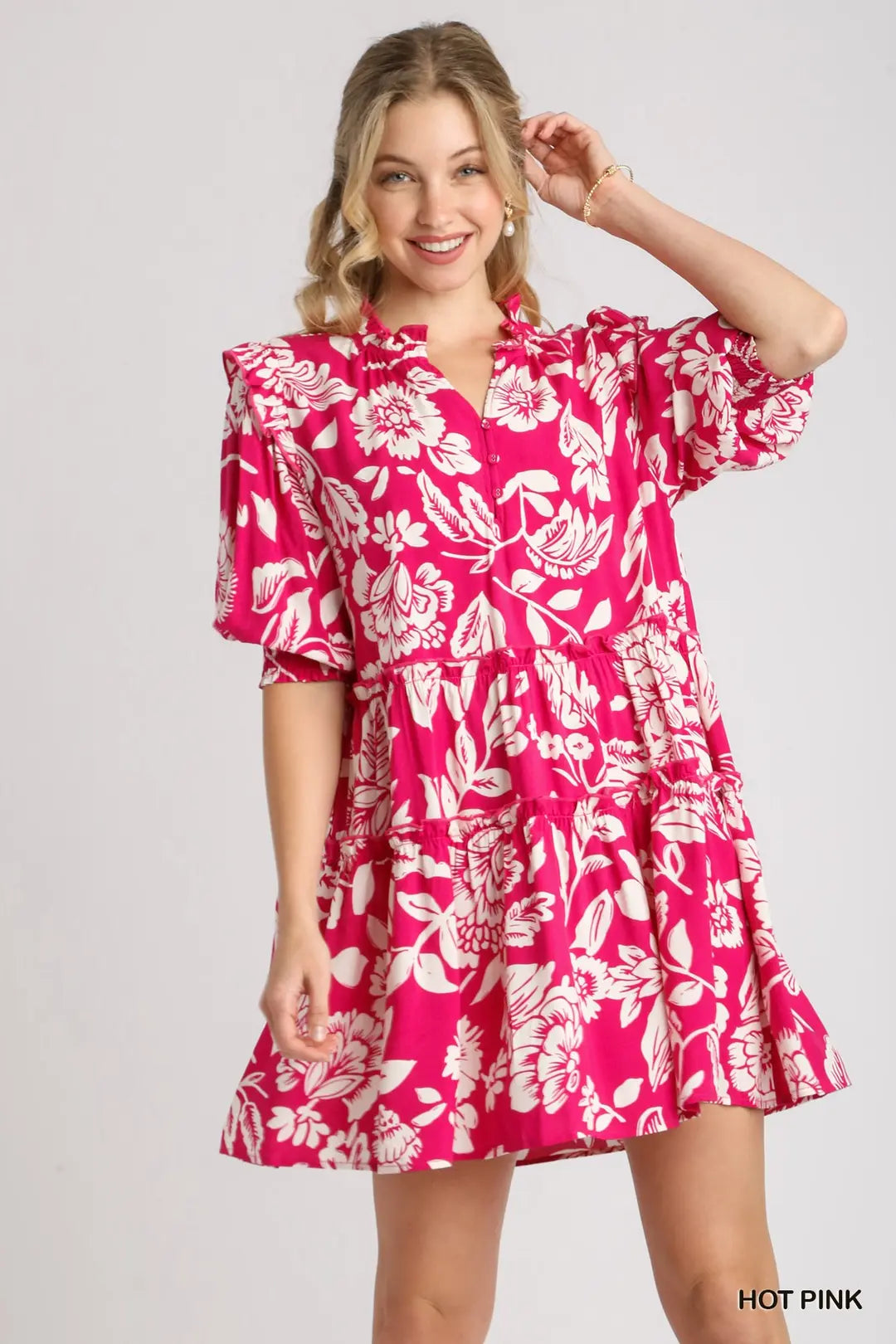 Hot Pink Tiered Floral Dress