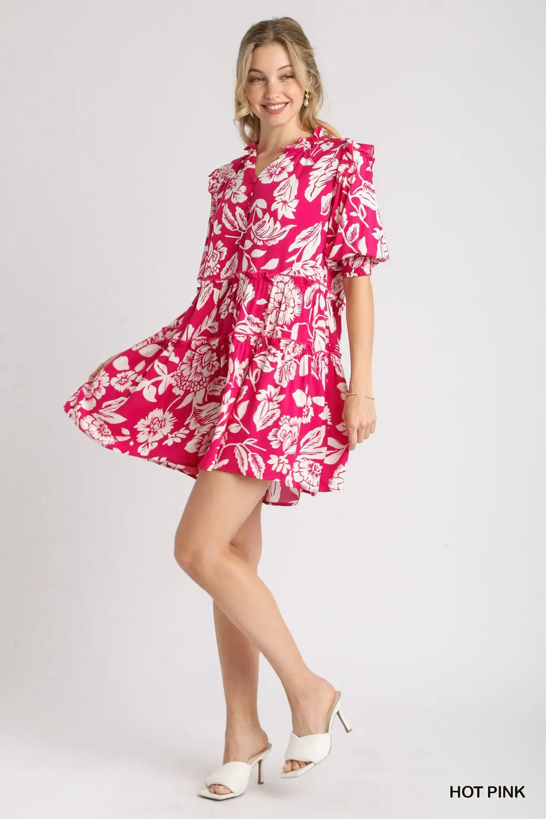 Hot Pink Tiered Floral Dress