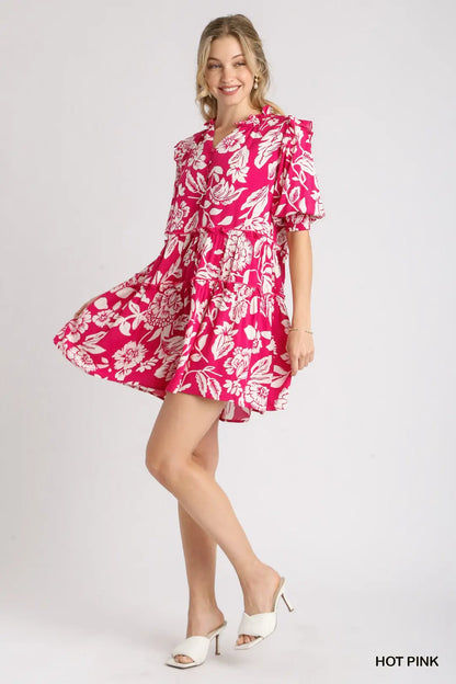 Hot Pink Tiered Floral Dress