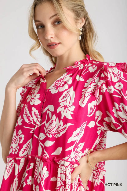 Hot Pink Tiered Floral Dress