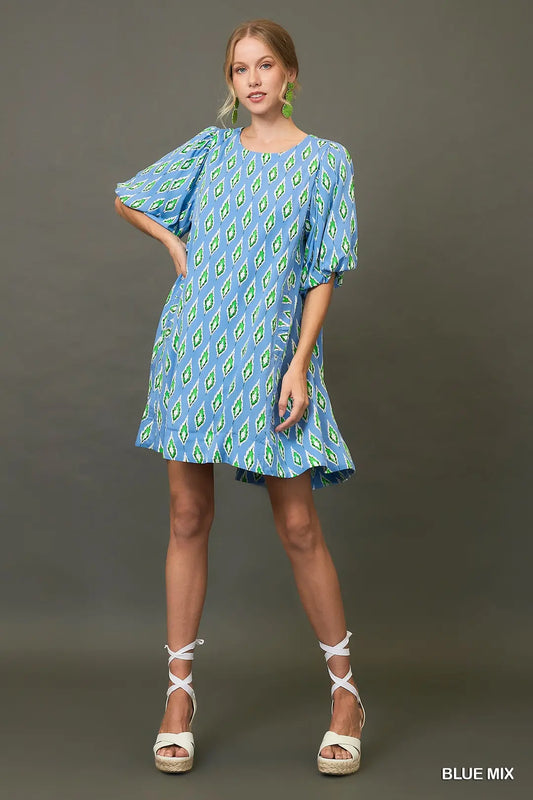 Leaf Print Dress with Puff Sleeve