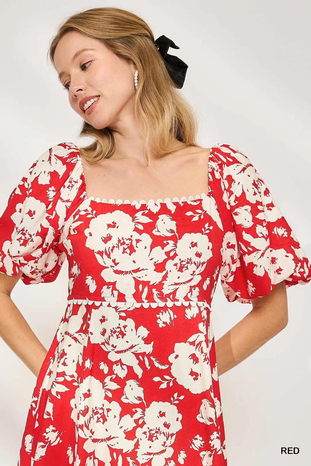 Red Floral Dress W/ Puff Sleeve