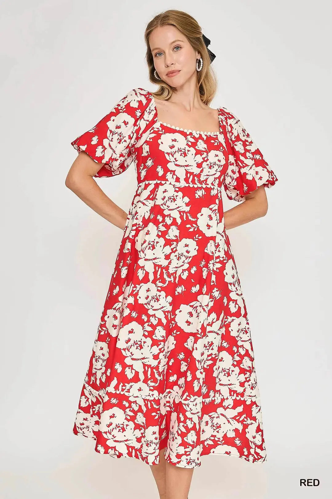 red floral puff sleeve dress Pink Floral Puff Sleeve Midi Dress - All Dresses