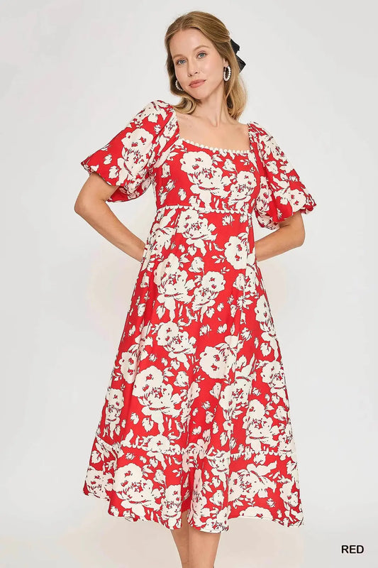 Red Floral Dress W/ Puff Sleeve