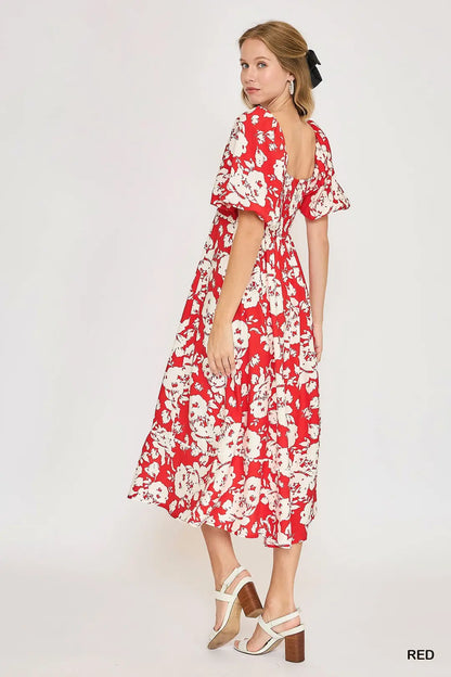 Red Floral Dress W/ Puff Sleeve