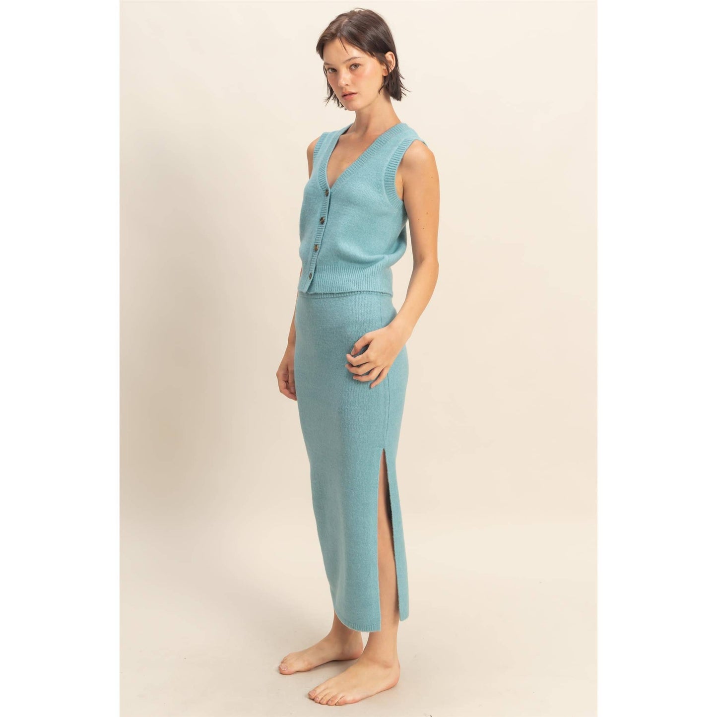 Button Front Vest & Midi Skirt Knit Set: SAGE GREEN