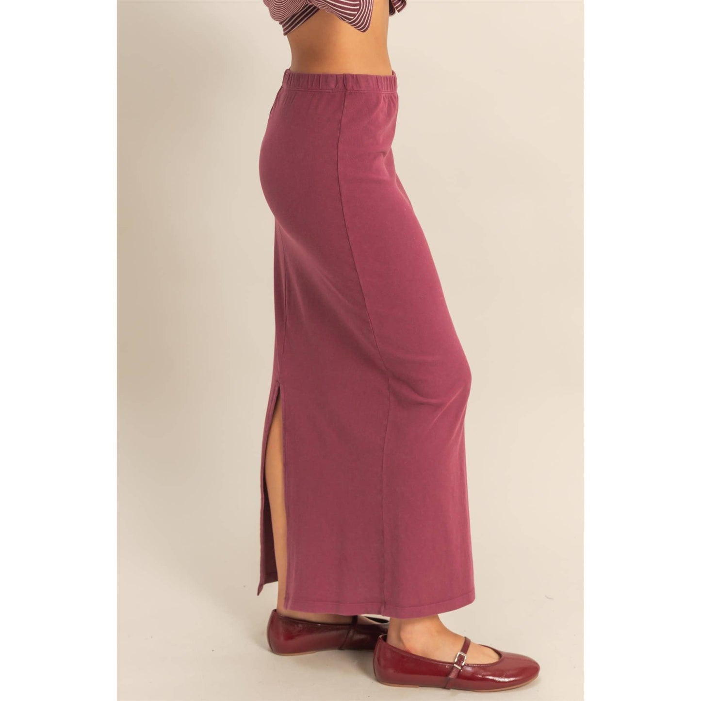 Mid-Rise Mineral Washed Casual Maxi Skirt: DARK TAUPE / S-M-L(2-2-2)