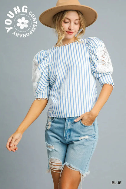Striped Lace Puff Sleeve Top