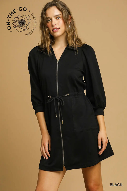 Margie Luxeknit Zip Up Mini Dress with Drawstring Waist