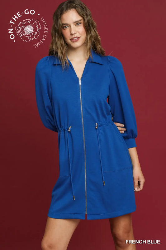 Margie Luxeknit Zip Up Mini Dress with Drawstring Waist