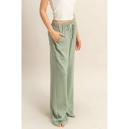Knit Wide-Leg Trousers With Drawstring Waist: SAGE GREEN / S-M-L(2-2-2)