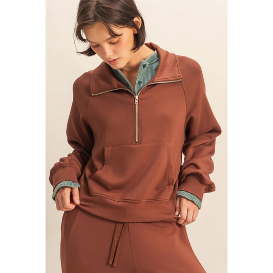 Double Knit Half Zip-Up High Neck Collar Sweatshirt: DARK TAUPE / S-M-L(2-2-2)