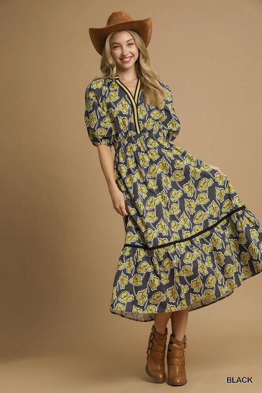 Kim Floral Western Puff Sleeve Midi Dress