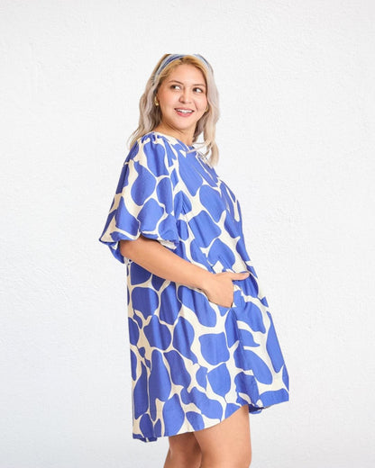 Blue and White Abstract Print Dress