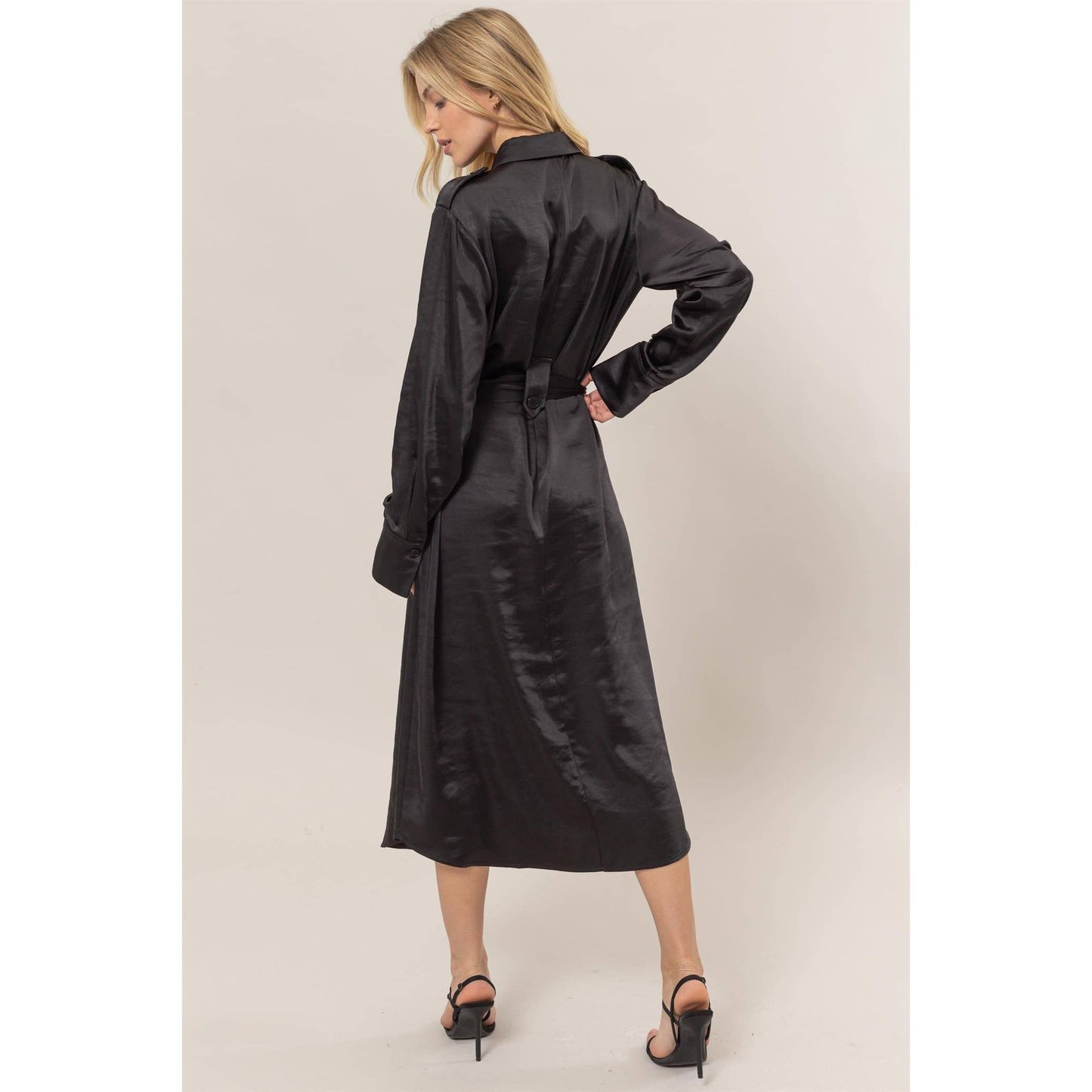 Matte Satin Belted Midi Shirt Dress