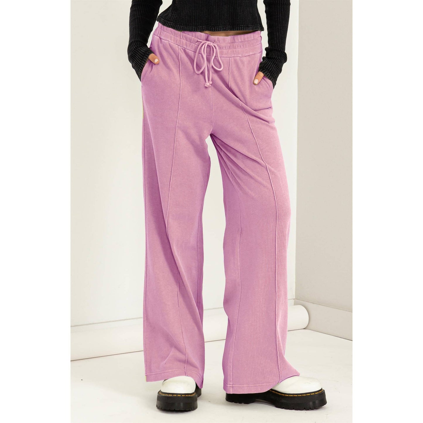 High Waist Drawstring Wide Leg Pants: DUSTY PINK / S-M-L(2-2-2)