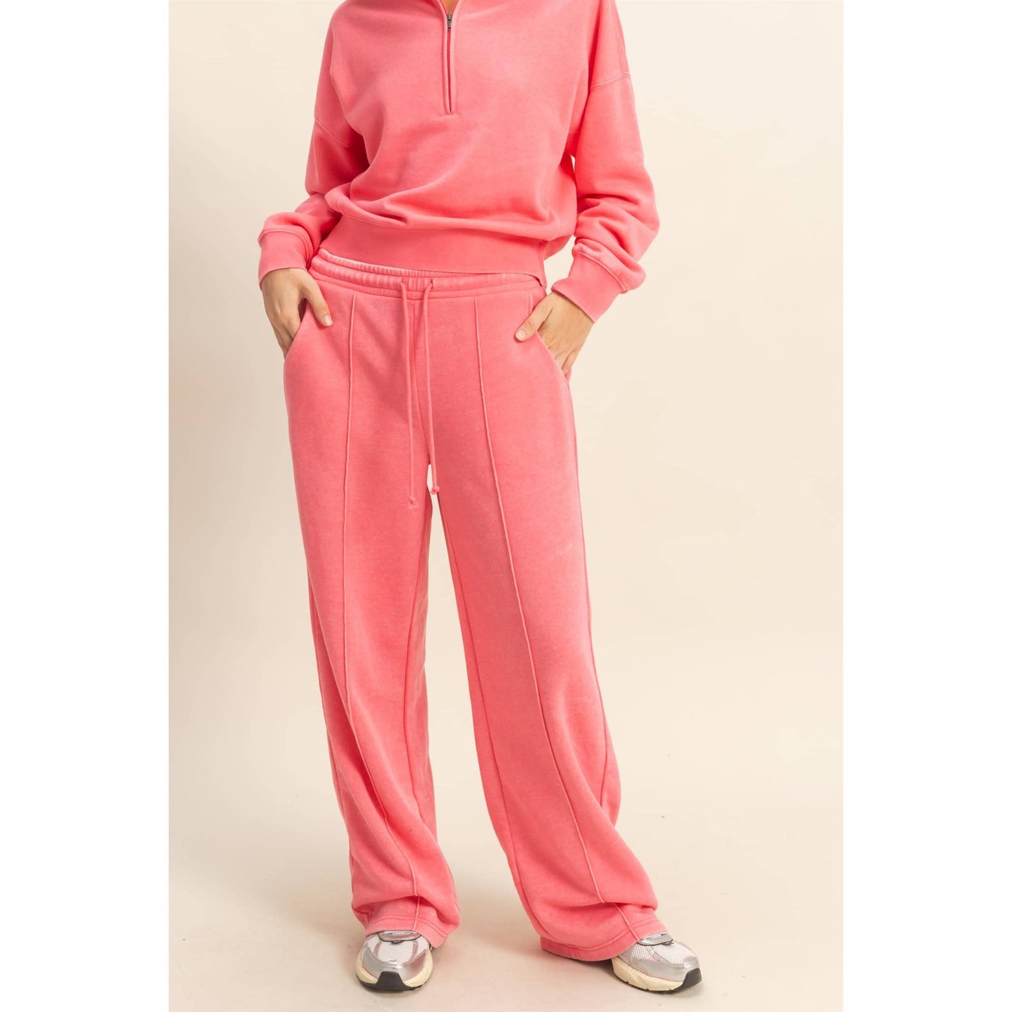 High-Waist Drawstring Pintuck Pants: DARK TAUPE / S-M-L(2-2-2)