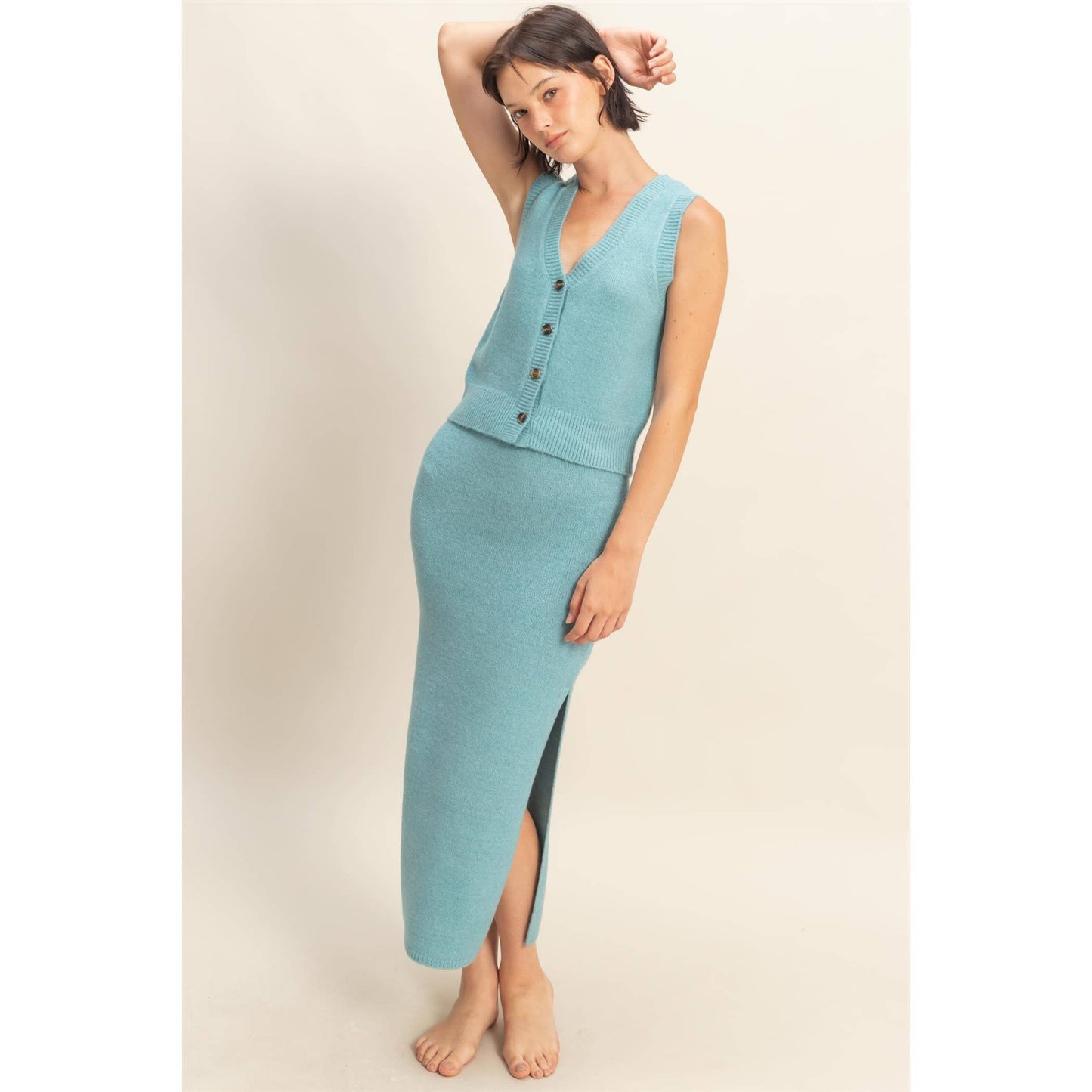 Button Front Vest & Midi Skirt Knit Set: SAGE GREEN
