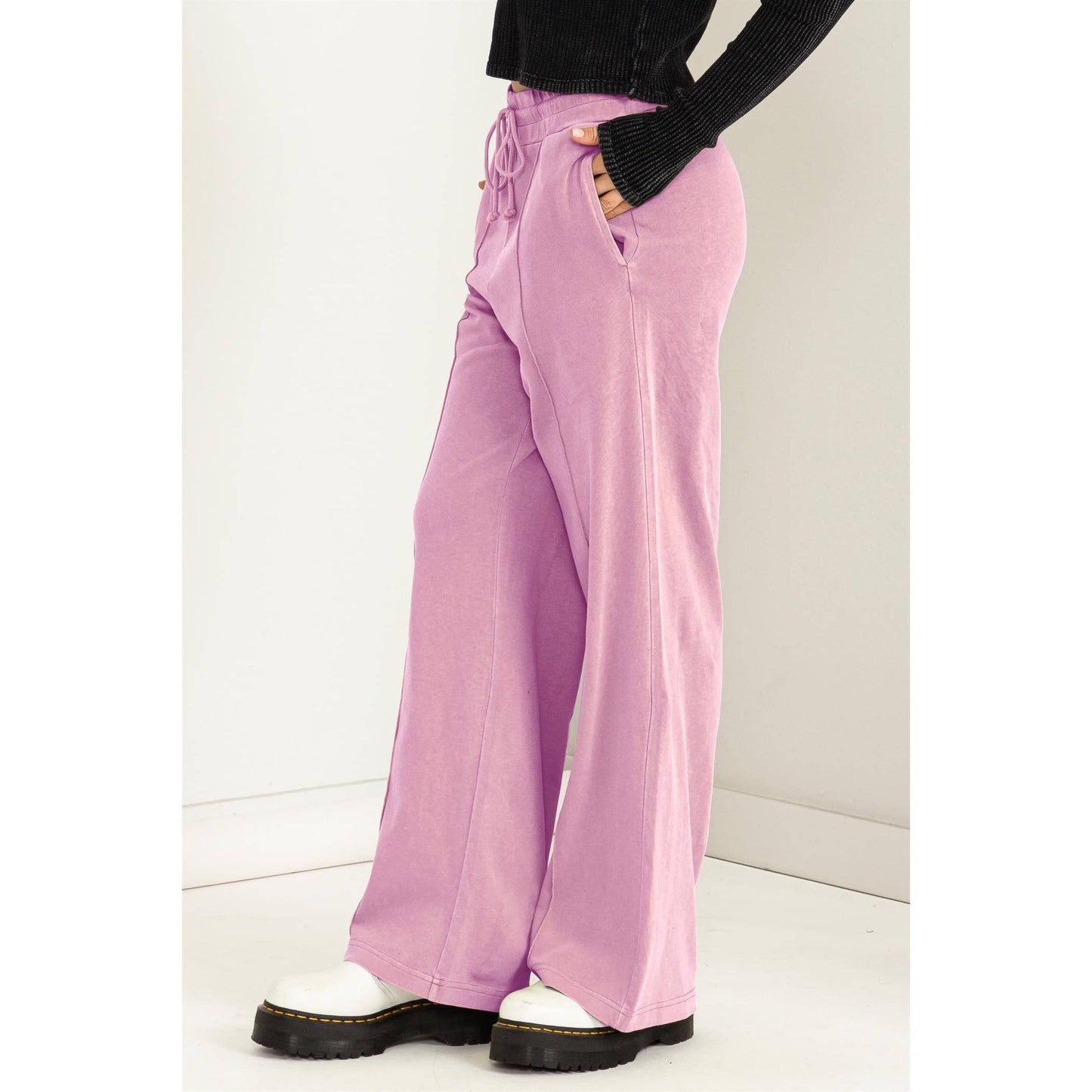 High Waist Drawstring Wide Leg Pants: PALE OLIVE / S-M-L(2-2-2)