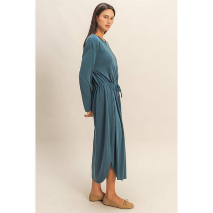 Drawstring Waist Long Sleeve Midi Dress: DEEP POND