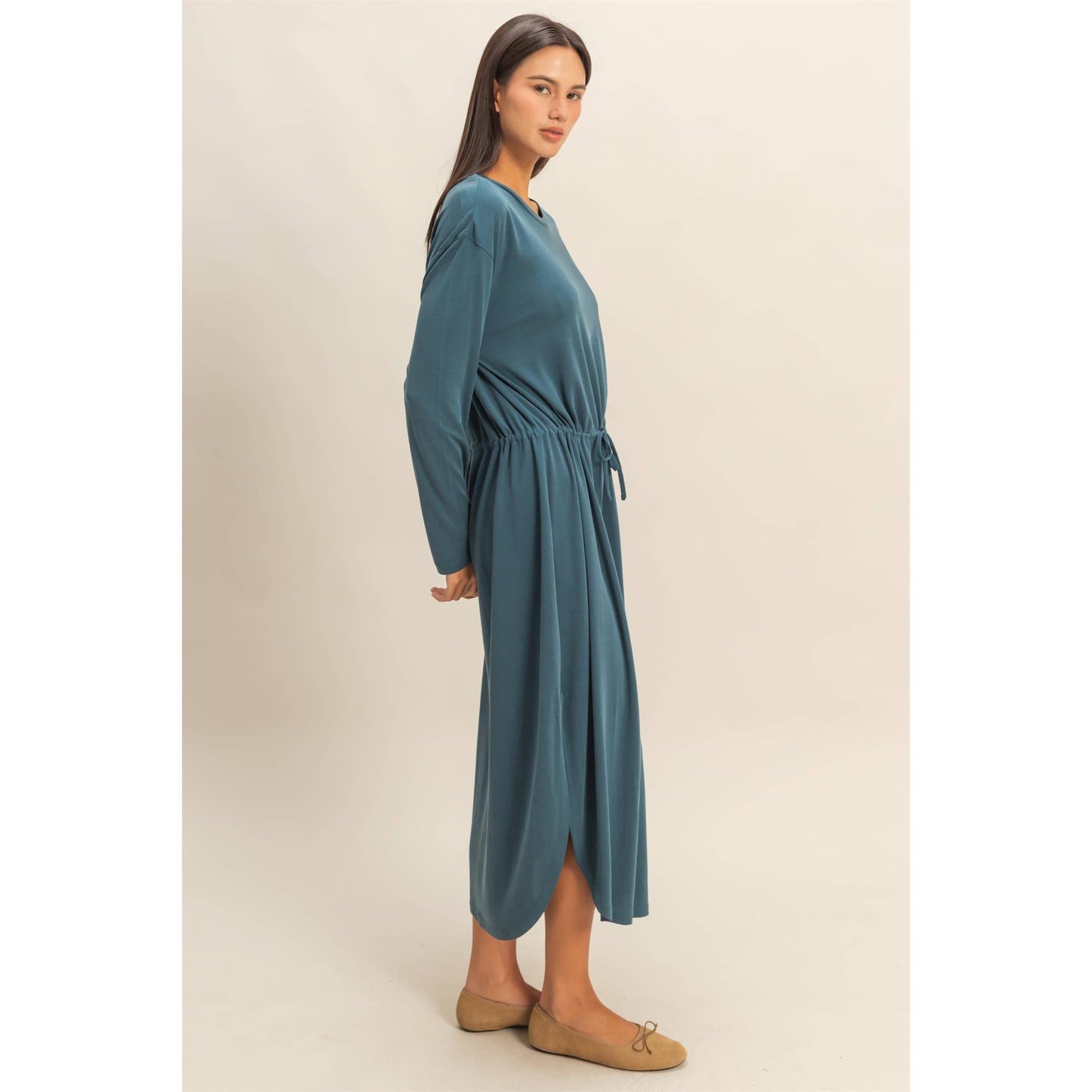 Drawstring Waist Long Sleeve Midi Dress: DEEP POND