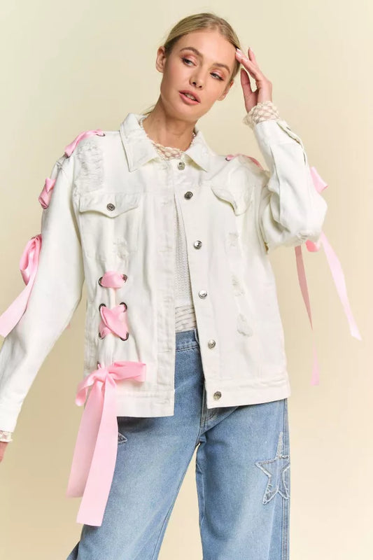 Tied In White Denim Lace Ribbon Jacket - Pre Order