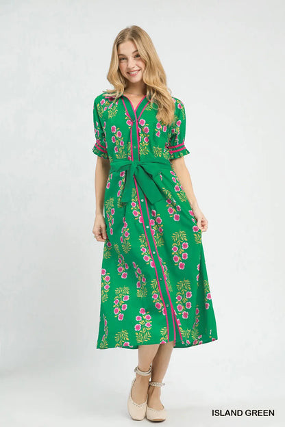Green Floral Midi Dress w/ Waist Tie