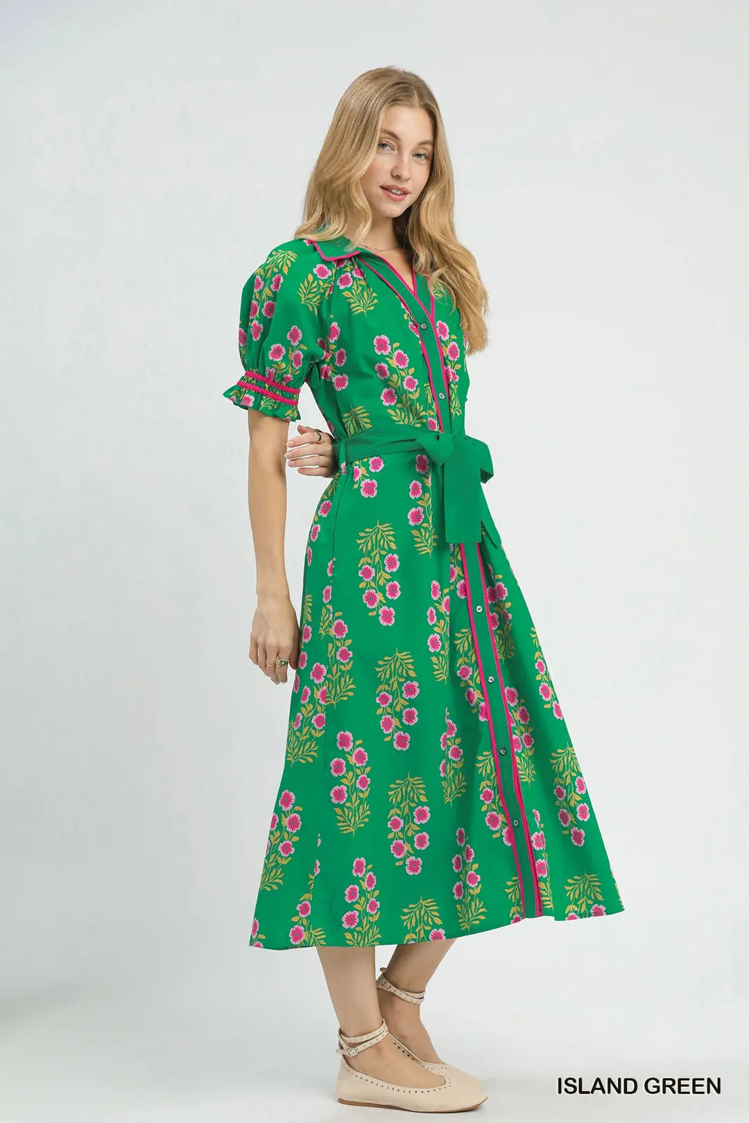 Green Floral Midi Dress w/ Waist Tie