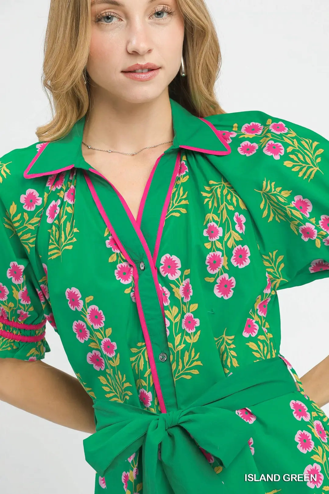 Green Floral Midi Dress w/ Waist Tie