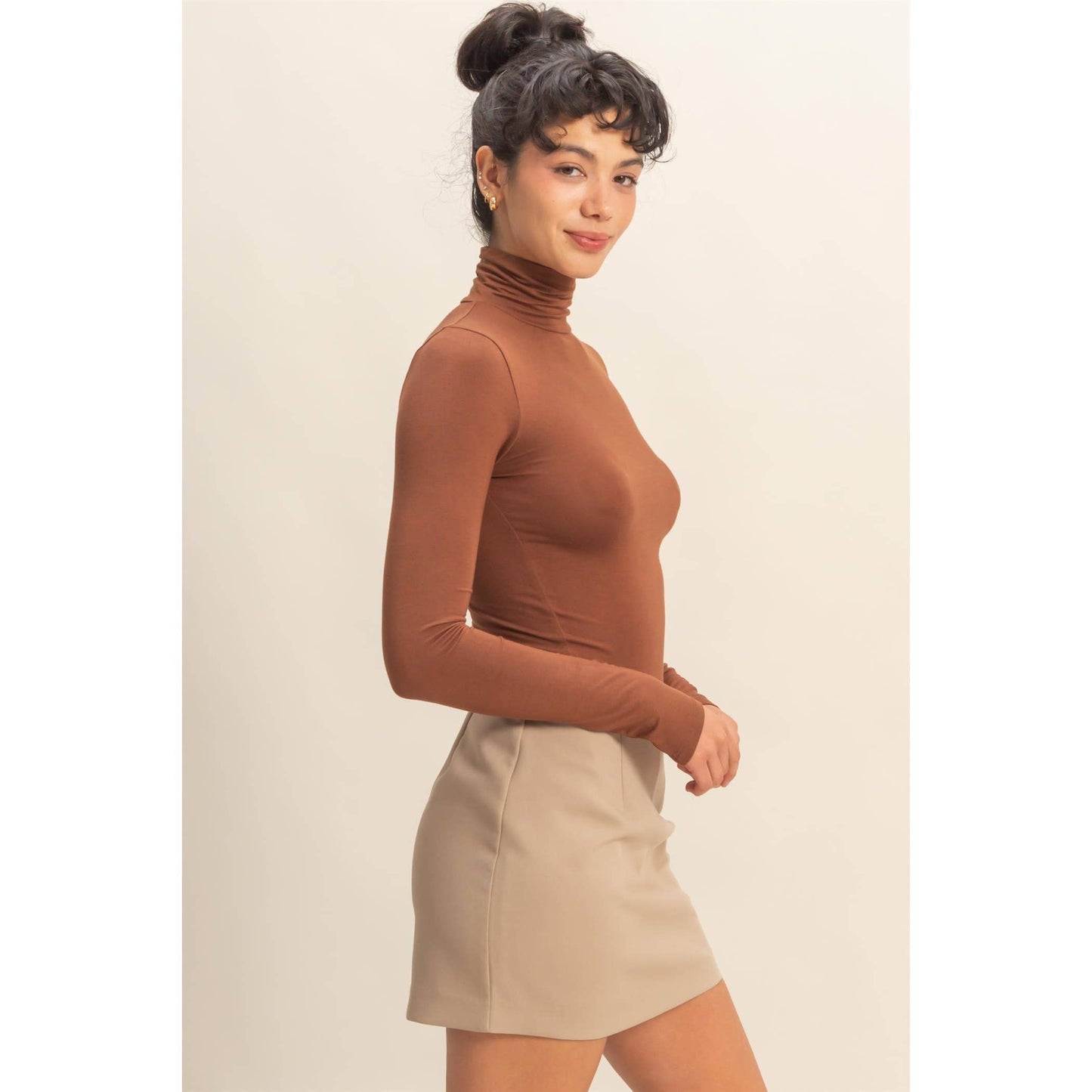 Turtleneck Long Sleeve Fitted Top: TAFFY PINK