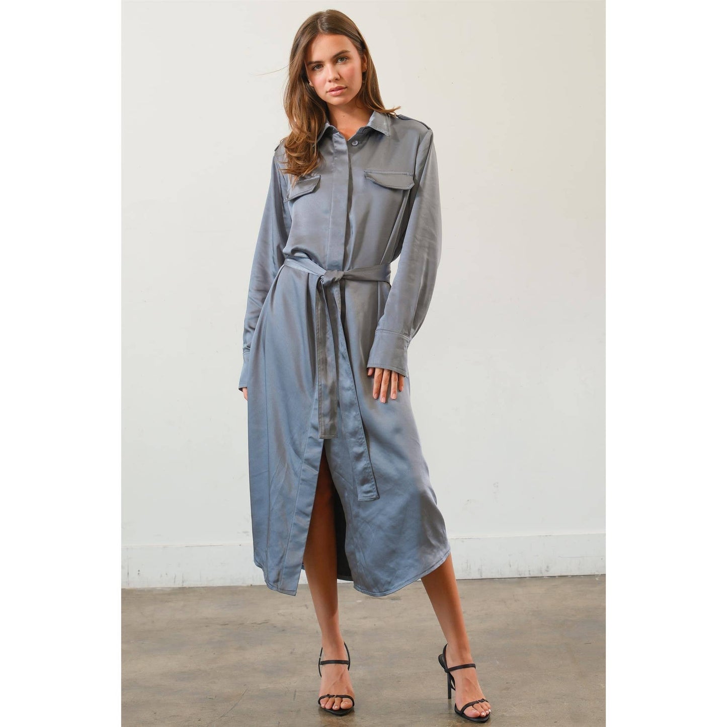 Matte Satin Belted Midi Shirt Dress
