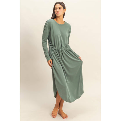 Drawstring Waist Long Sleeve Midi Dress: DEEP POND