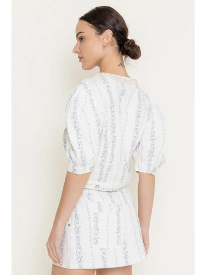 Daphne Ivory Denim Floral and Pearl Top