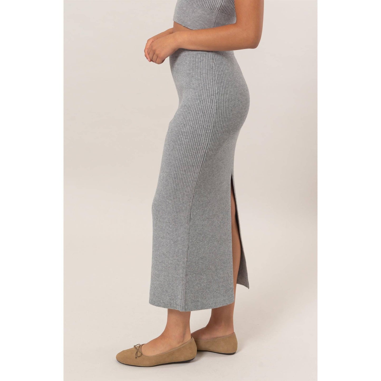 Ribbed Knit Midi Skirt: CREAM / S-M-L(2-2-2)