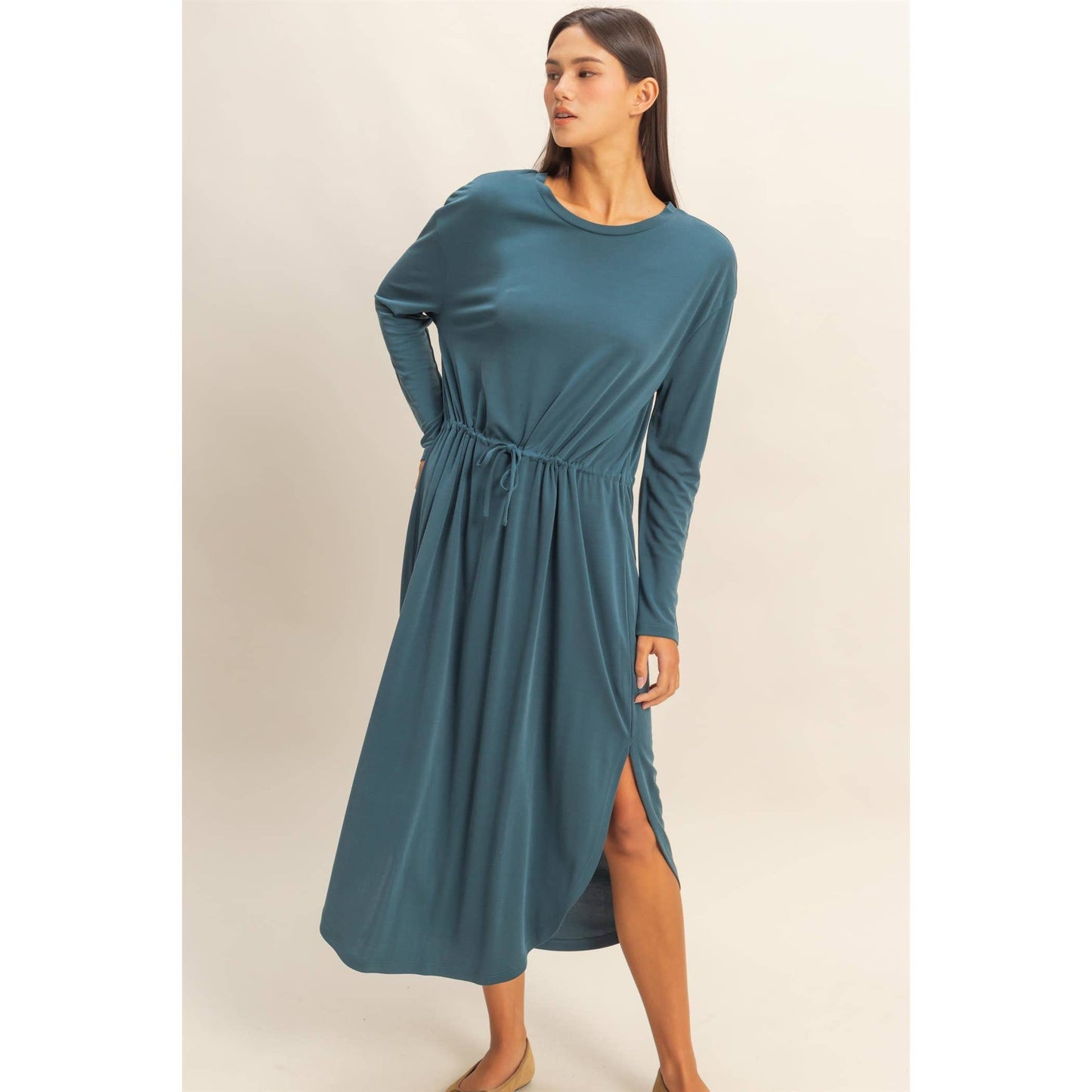 Drawstring Waist Long Sleeve Midi Dress: DEEP POND