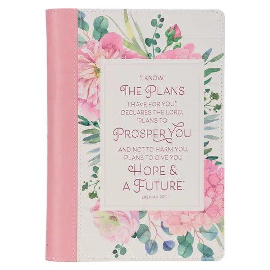 Christian Art Gifts- Journal Classic Zip Pink/White Floral Printed I Know the Plans Jer. 29:11