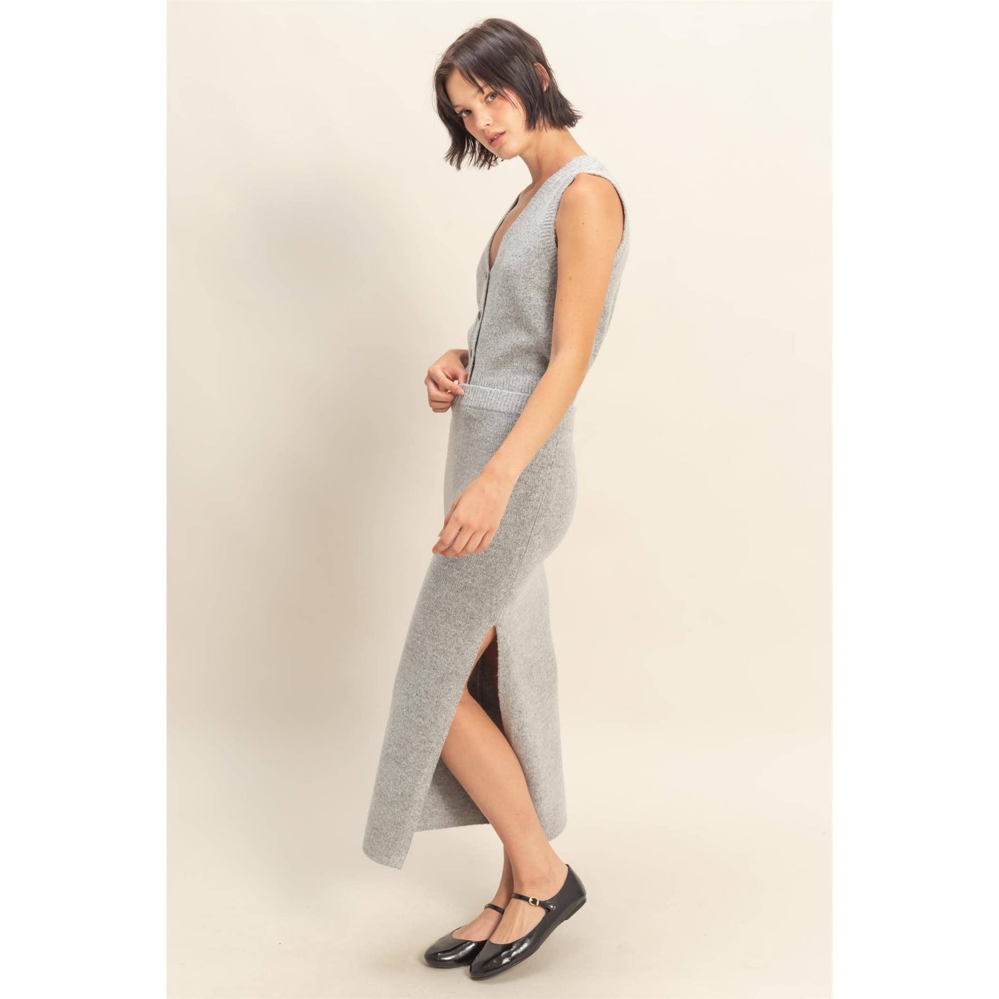 Button Front Vest & Midi Skirt Knit Set: SAGE GREEN