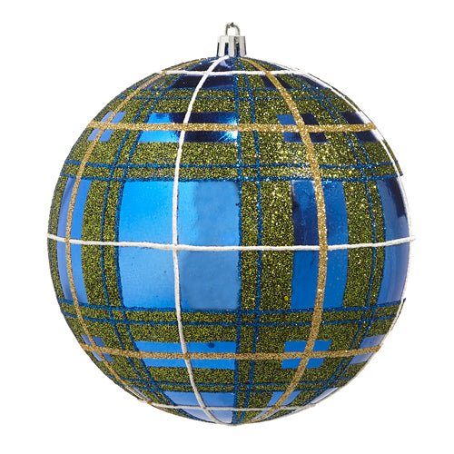 6" Blue Plaid Glitter Ball Holiday Ornament - The Perfect Gift Shop & Boutique