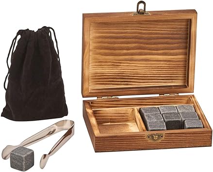 Creative Gifts International Inc. - Wd Box W/Tongs, 9 Whiskey Stones & Pouch