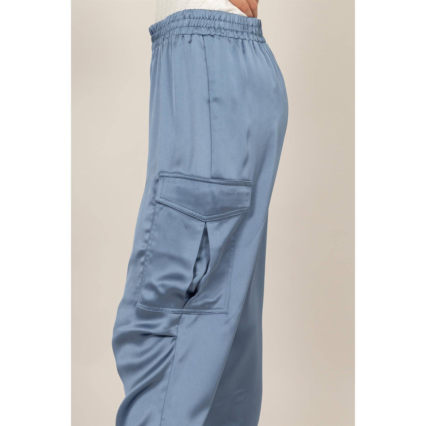 Satin Cargo Pants: GRAY BLUE