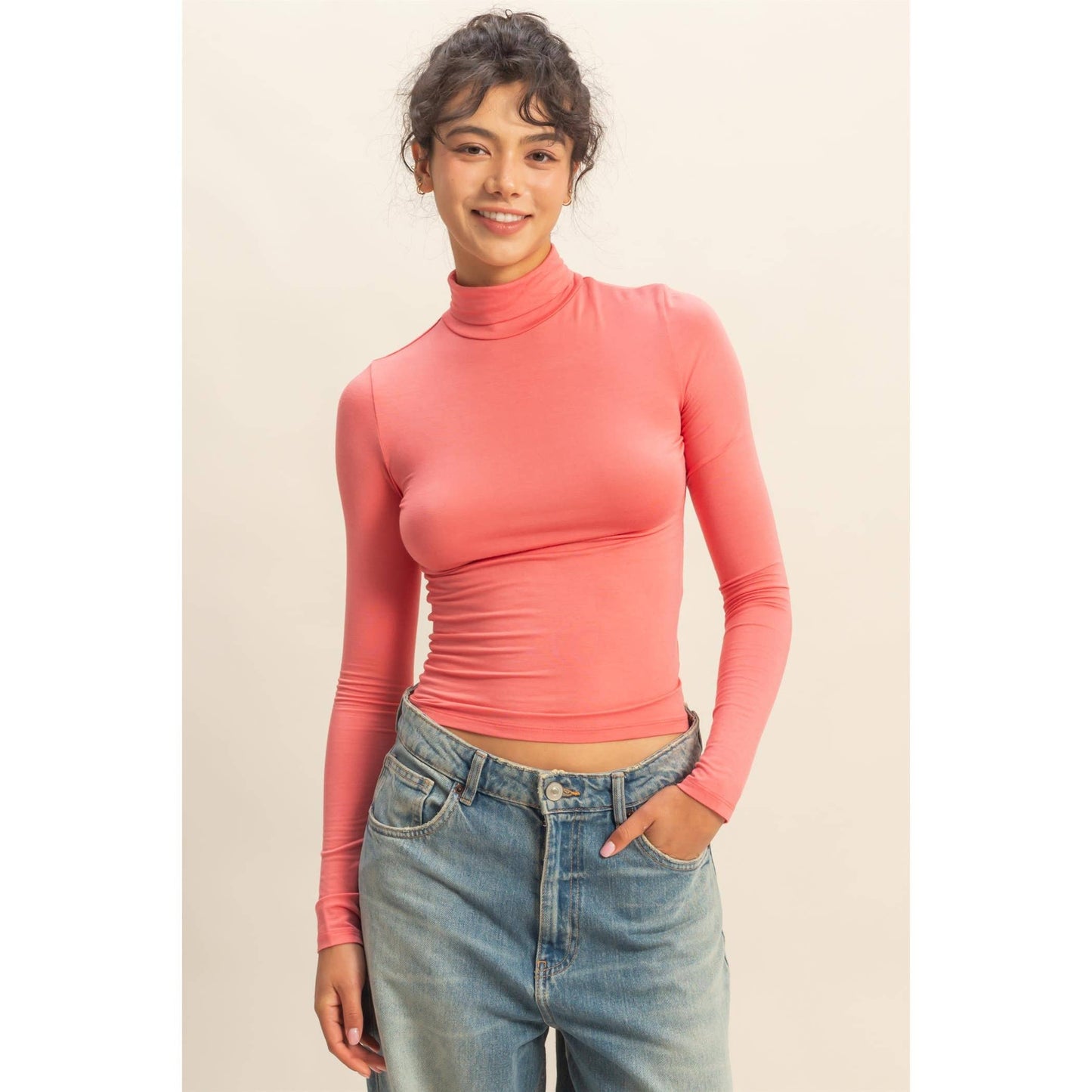 Long Sleeve Turtleneck Top: TEA ROSE