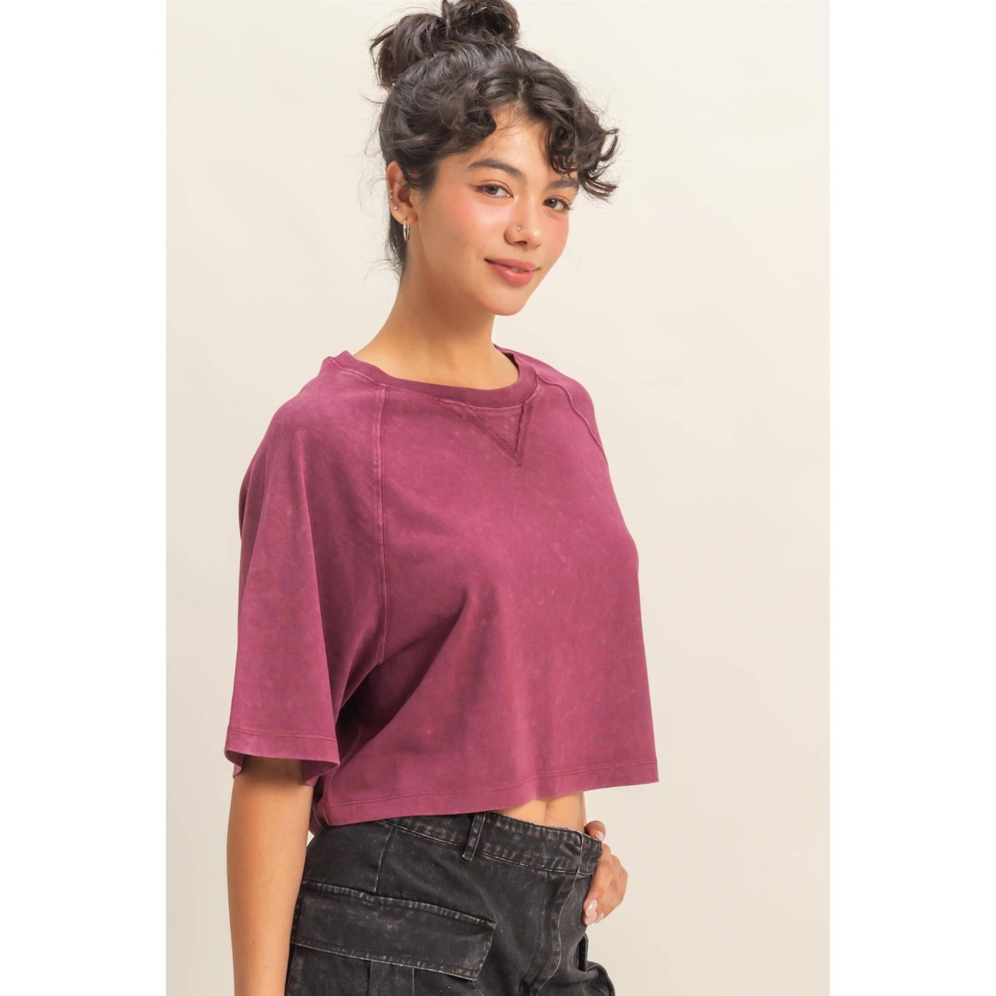 Short Sleeve Mineral Washed Cropped Tee: DARK TAUPE / S-M-L(2-2-2)