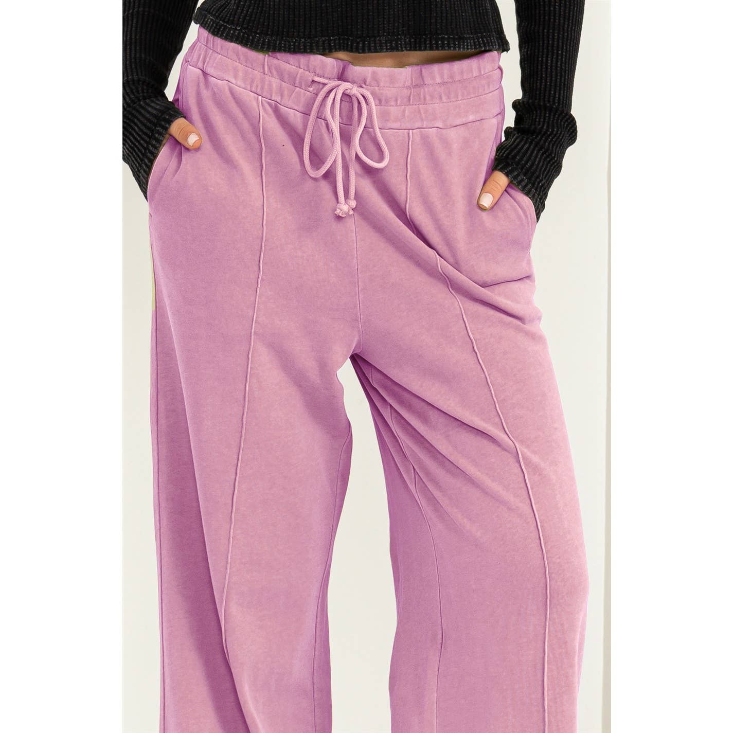 High Waist Drawstring Wide Leg Pants: DUSTY PINK / S-M-L(2-2-2)