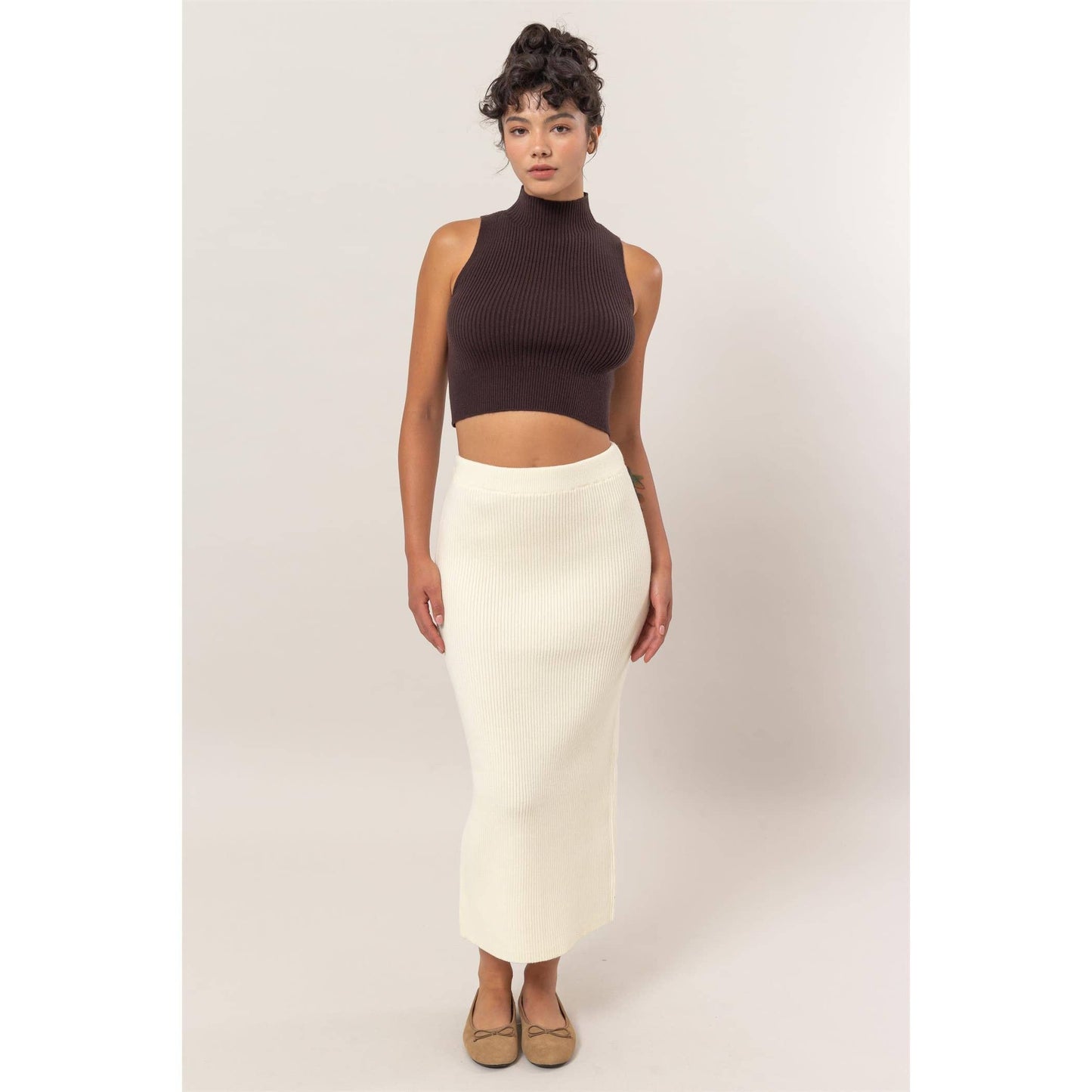 Ribbed Knit Midi Skirt: CREAM / S-M-L(2-2-2)