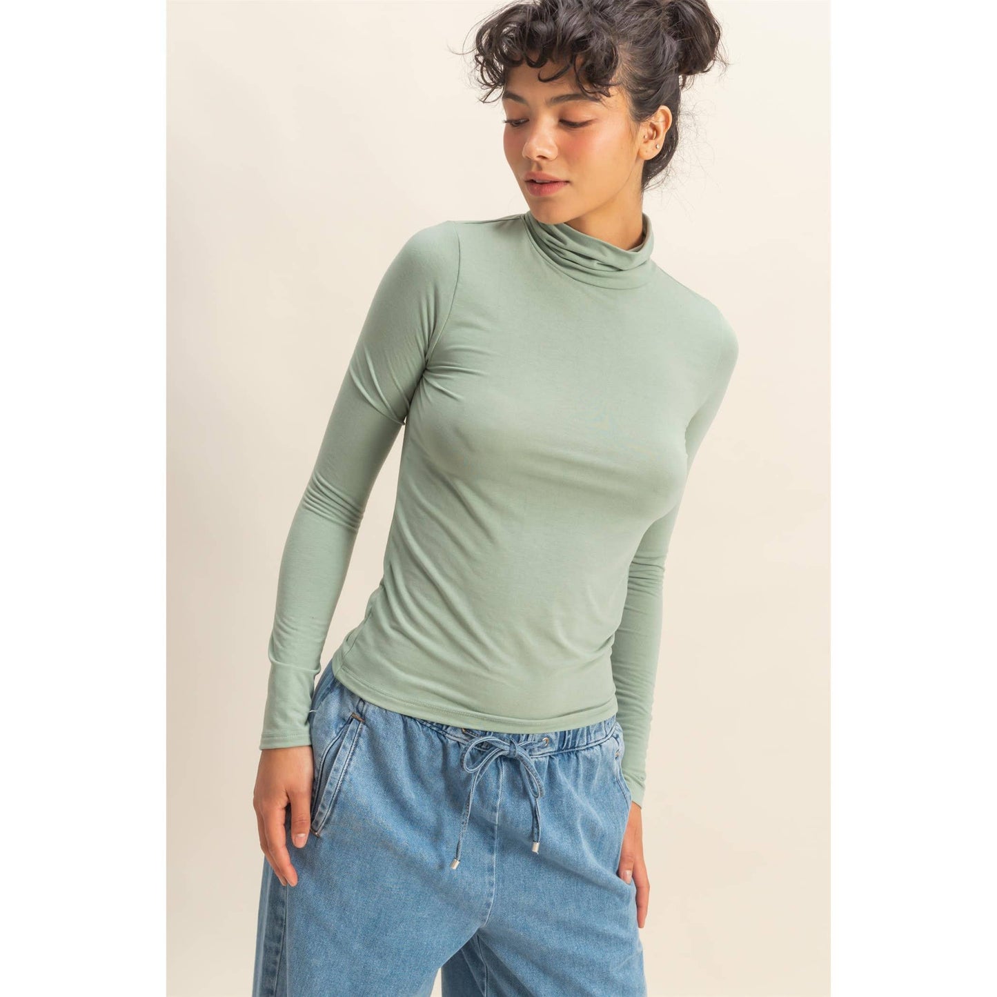 Turtleneck Long Sleeve Fitted Top: SAGE GREEN / S-M-L(2-2-2)