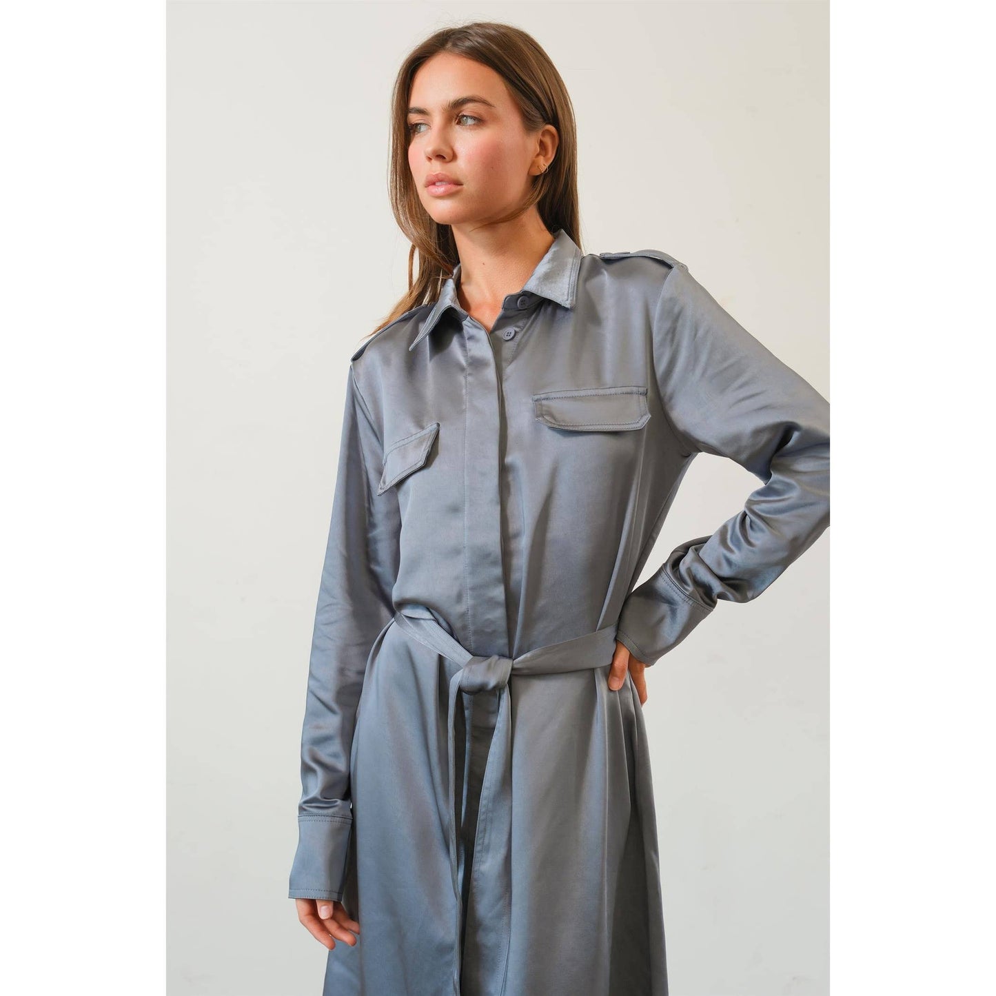 Matte Satin Belted Midi Shirt Dress
