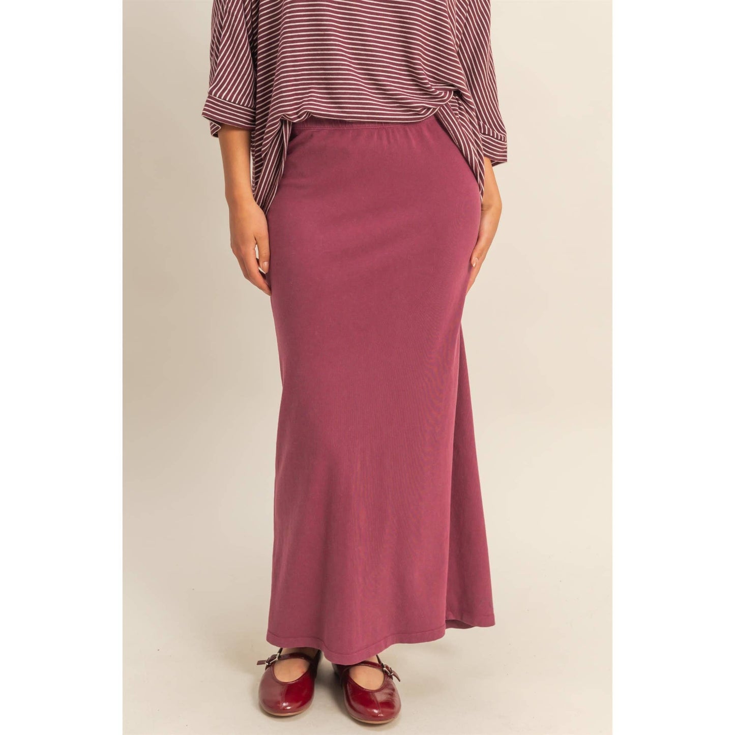 Mid-Rise Mineral Washed Casual Maxi Skirt: DARK TAUPE / S-M-L(2-2-2)