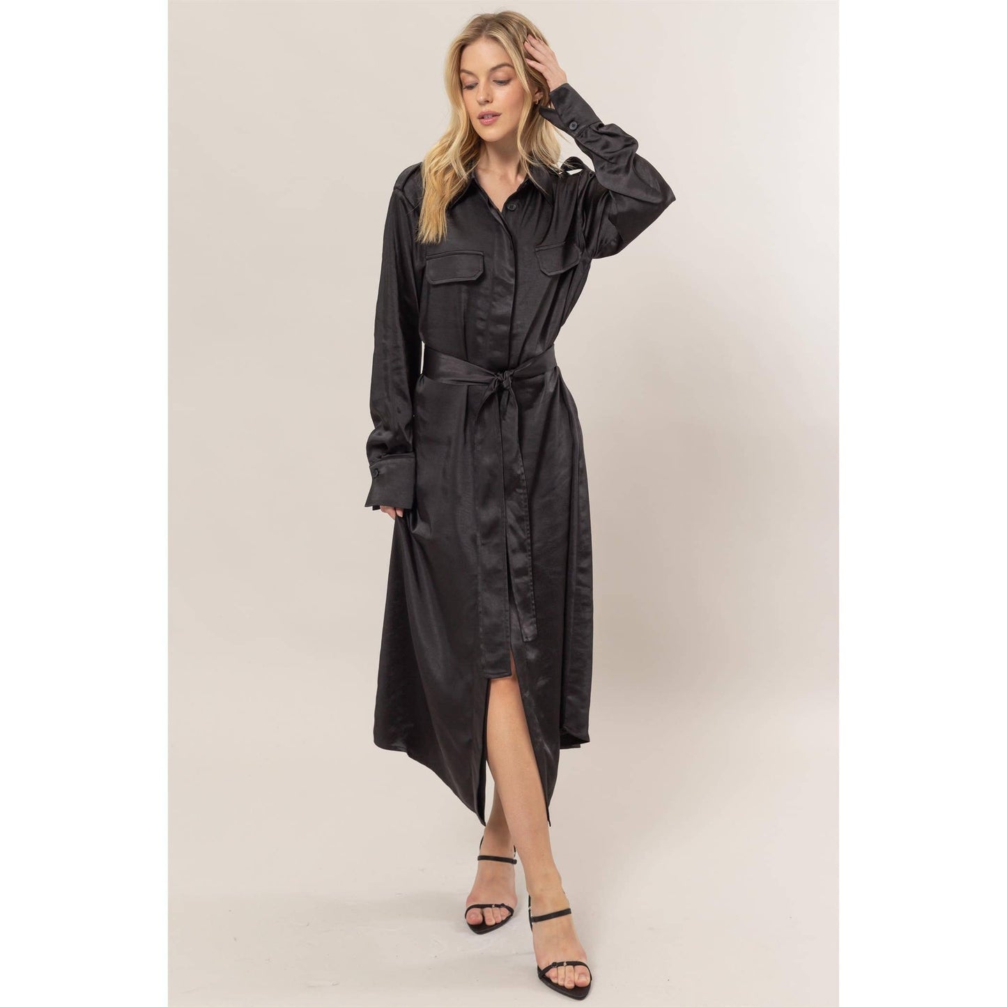 Matte Satin Belted Midi Shirt Dress